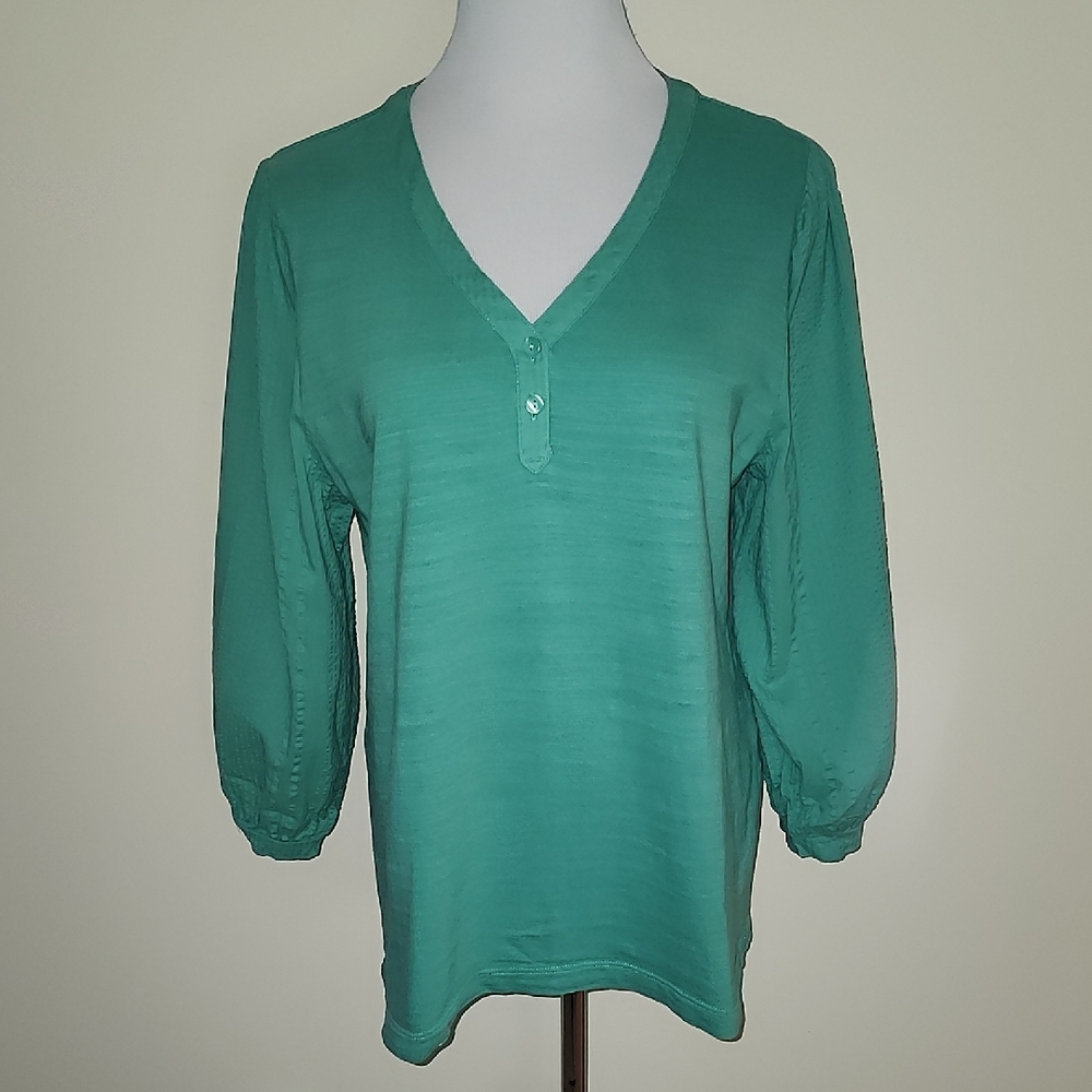Chico's Vibrant Green V-Neck Long Sleeve Top (Large)